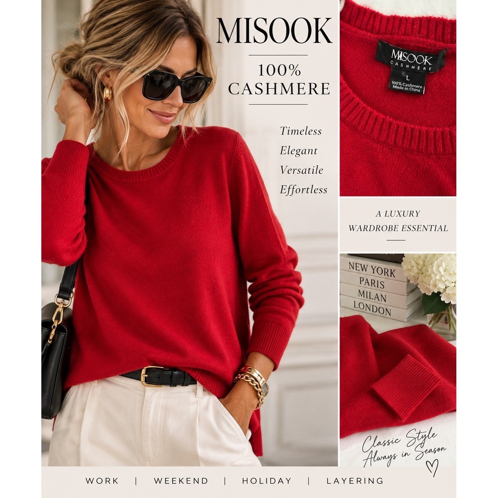 Misook 100% Cashmere Sweater L Red Quiet Luxury Minimalist Crewneck